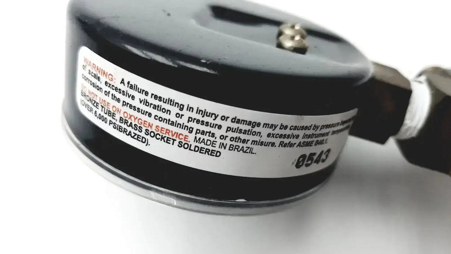 Black cylindrical ashcroft dual-scale pressure gauge 0 to 200 psi with white warning label for used medical equipment sale
