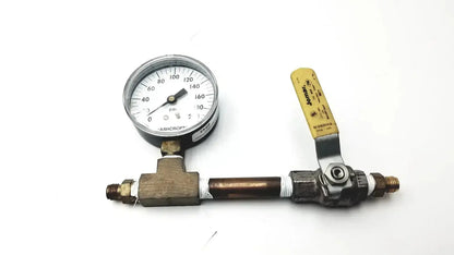 Brass pipe assembly with aschroft dual-scale pressure gauge 0 to 200 psi and yellow-handled valve for pre owned medical equipment