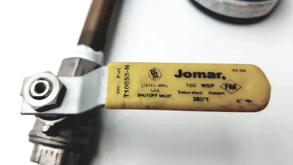 Yellow-handled jomar t100ss-n gas shut-off valve with metallic body and engraved specifications for pressure gauge use