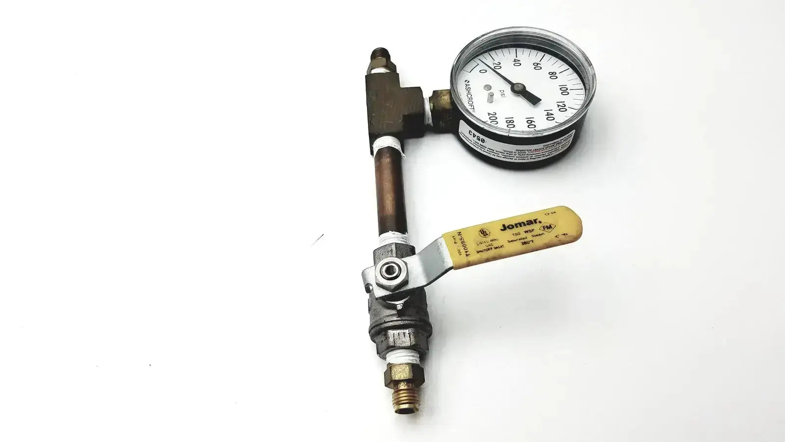Ashcroft dual-scale industrial pressure gauge with brass fittings and yellow-handled jomar valve for pre owned medical equipment sale