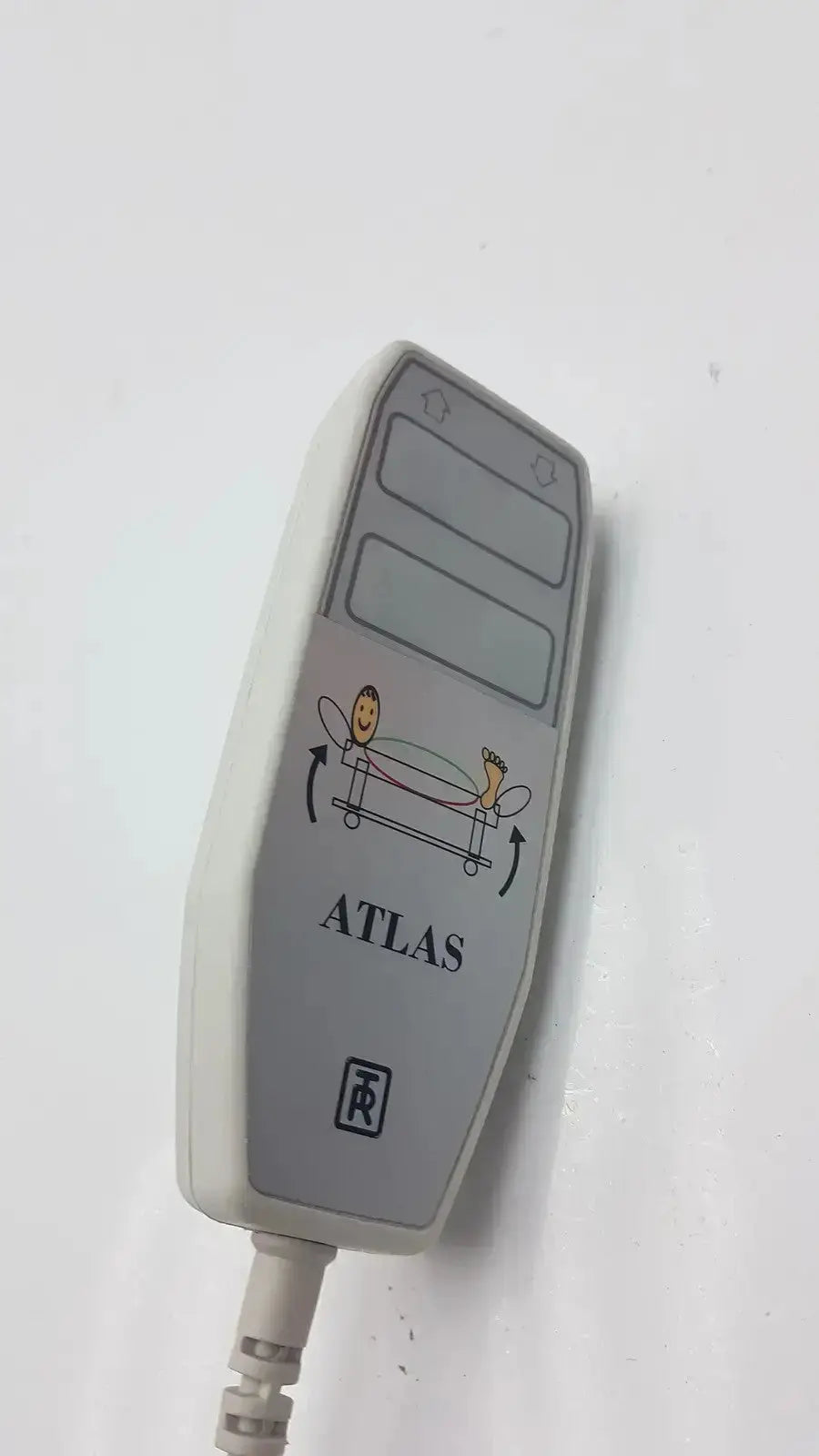 Gray atlas hb42000-999122 handset hospital bed control panel with three buttons and patient repositioning diagram