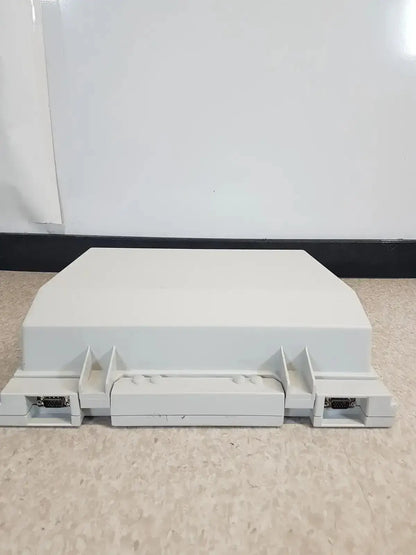 White plastic audioscan verifit vf-1 hearing aid analyzer with multiple ports and boxy design back side view