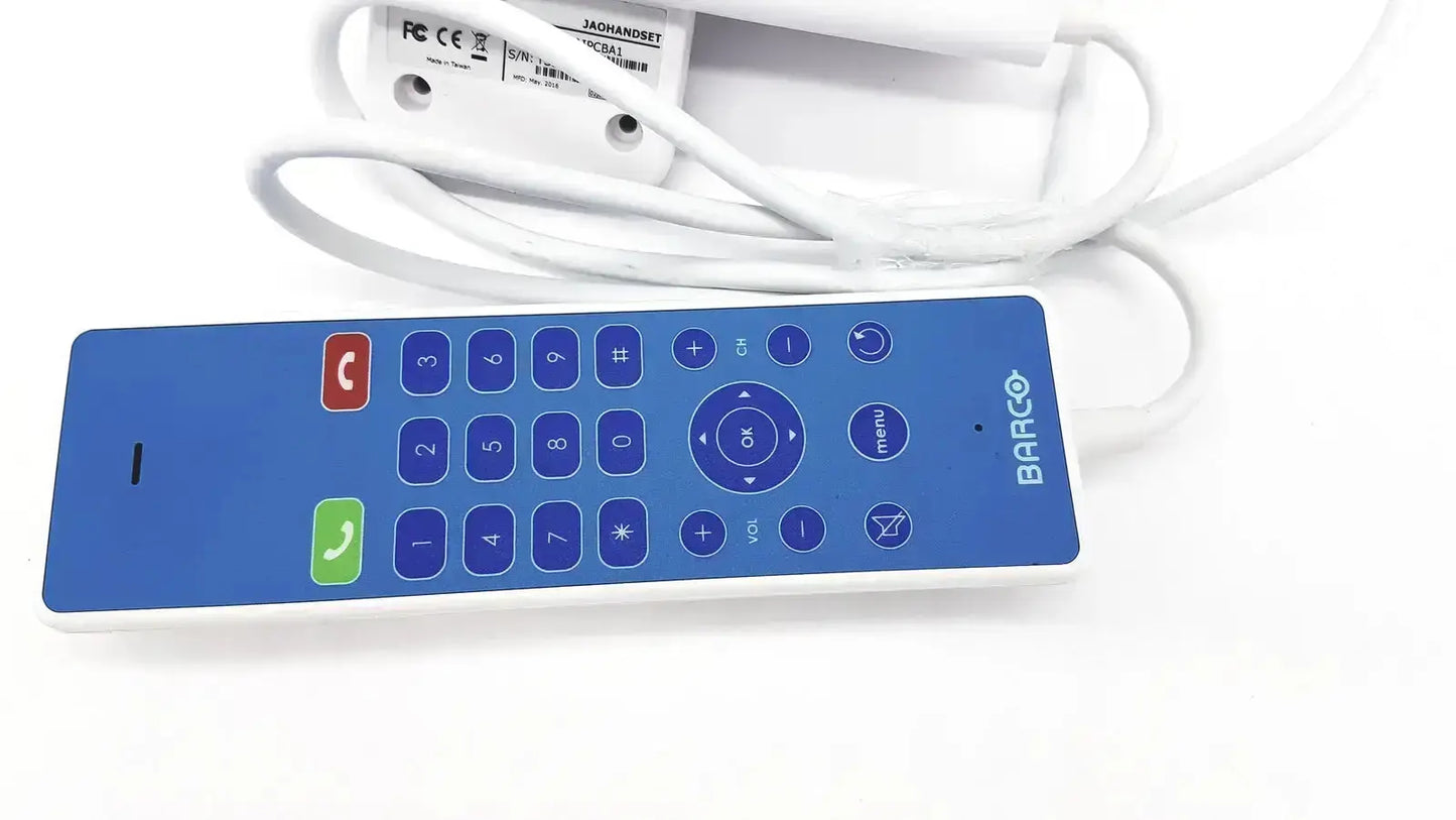 Blue barco hs000aipcba1 jao handset remote control with colorful phone and volume buttons for efficient communication