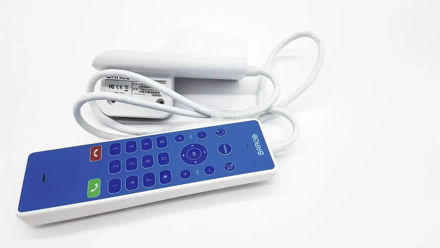 Blue and white barco hs000aipcba1 jao handset remote control with keypad and red and green call buttons