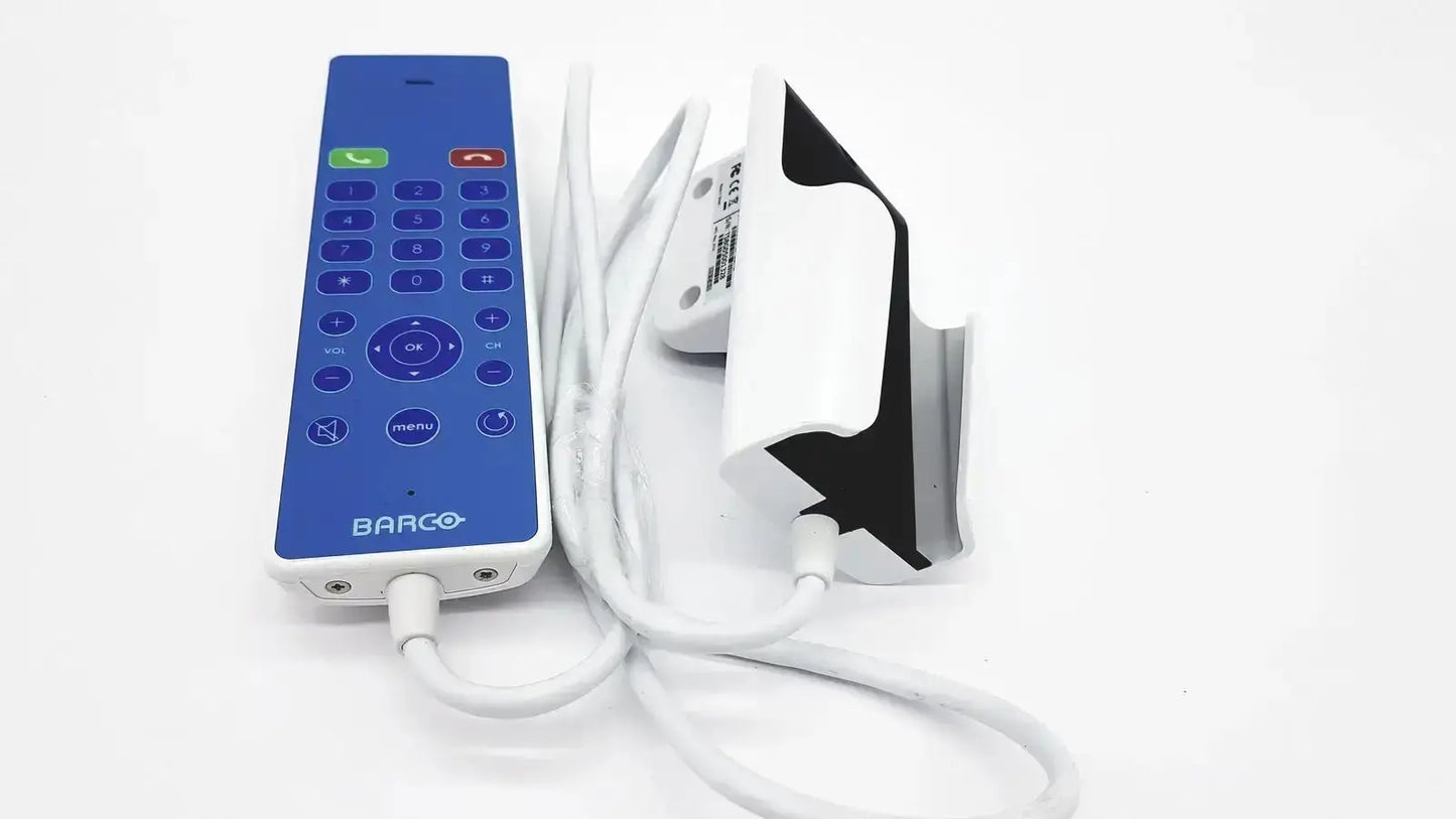 Blue barco hs000aipcba1 jao handset with white edges and matching white cable in a sleek remote control design