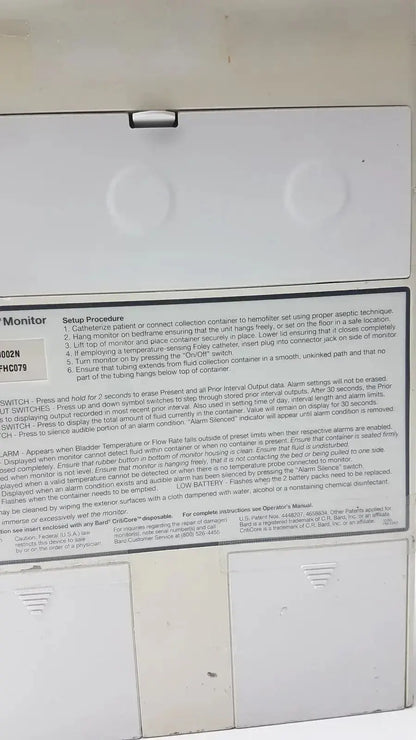 Black and white printed instruction manual for bard criticore fluid output and temperature monitor 000002n medical device