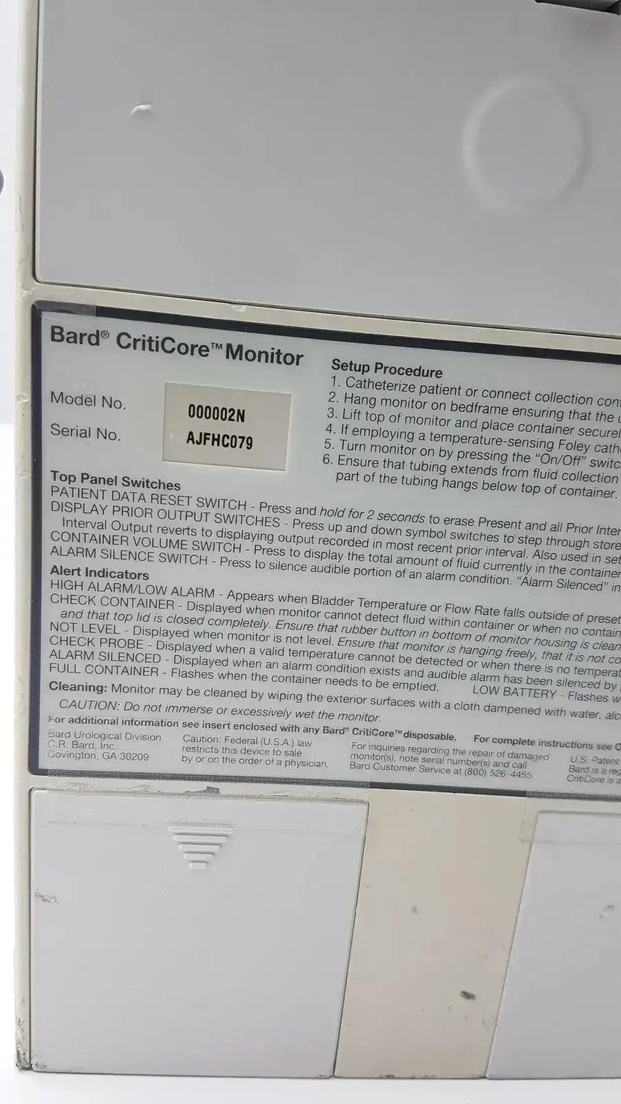 Bard criticore fluid output and temperature monitor 000002n with white label and black text showing model and serial numbers