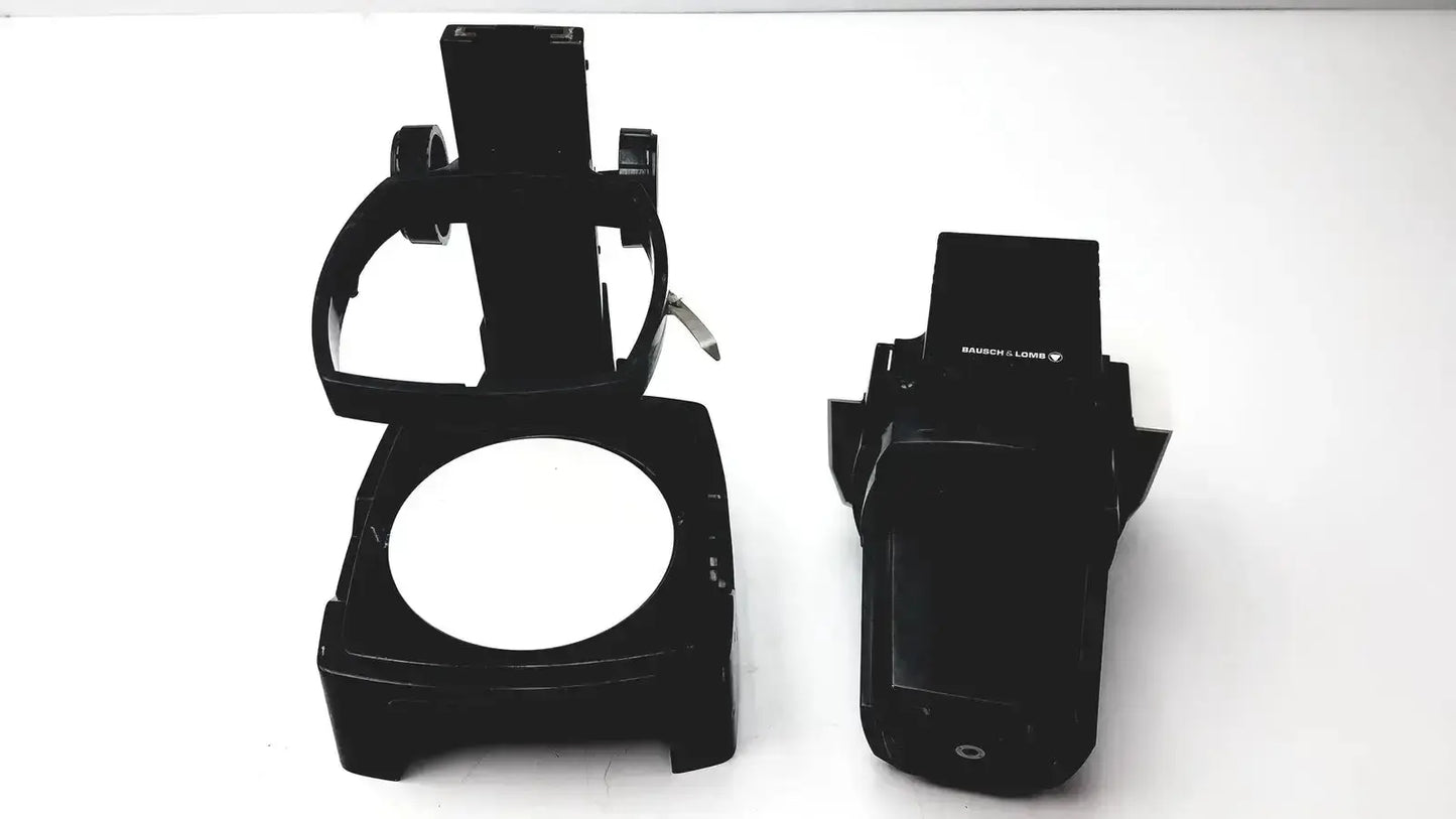 Black plastic camera mount and grip assembly for untested Bausch & Lomb microscope in hospital surplus biomedical evaluation