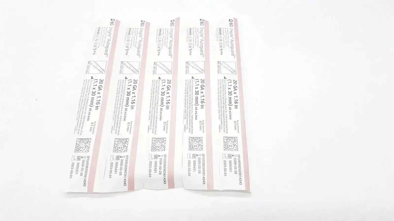 Five white plastic packages of BD Insyte autoguard 20 G x 1.16 in surgical needles for buy used medical equipment