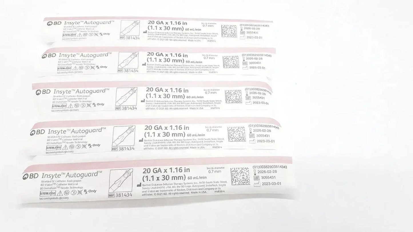 Five sterile bd insyte autoguard 20 ga x 1.16 in syringes individually packaged with barcode for buy used medical equipment