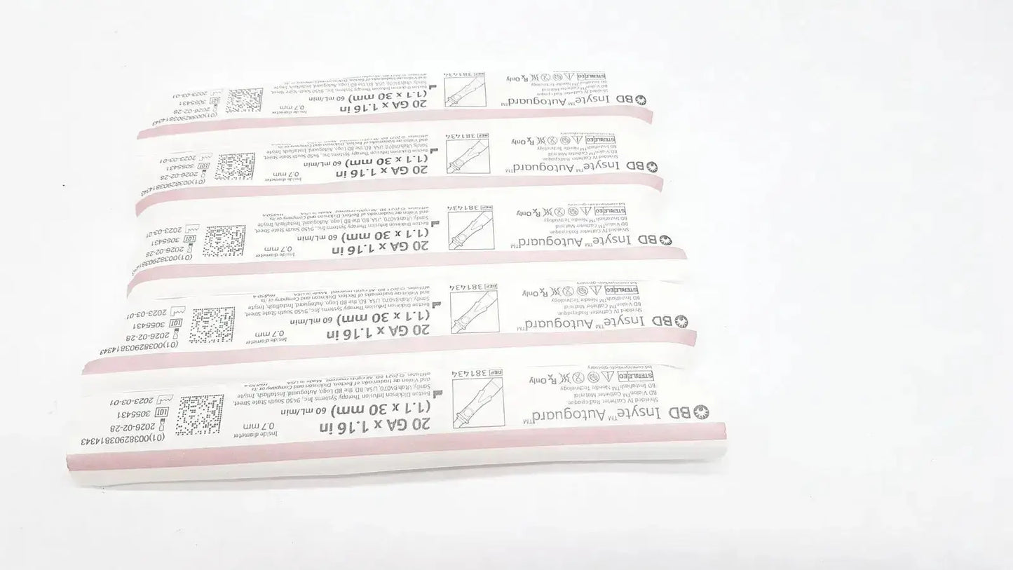 White plastic packaging of bd insyte autoguard 20 ga x 1.5 in sterile needles with pink bands for pre owned medical equipment