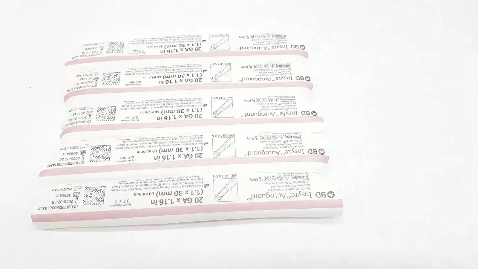 White plastic packaging of bd insyte autoguard 20 ga x 1.5 in sterile needles with pink bands for pre owned medical equipment