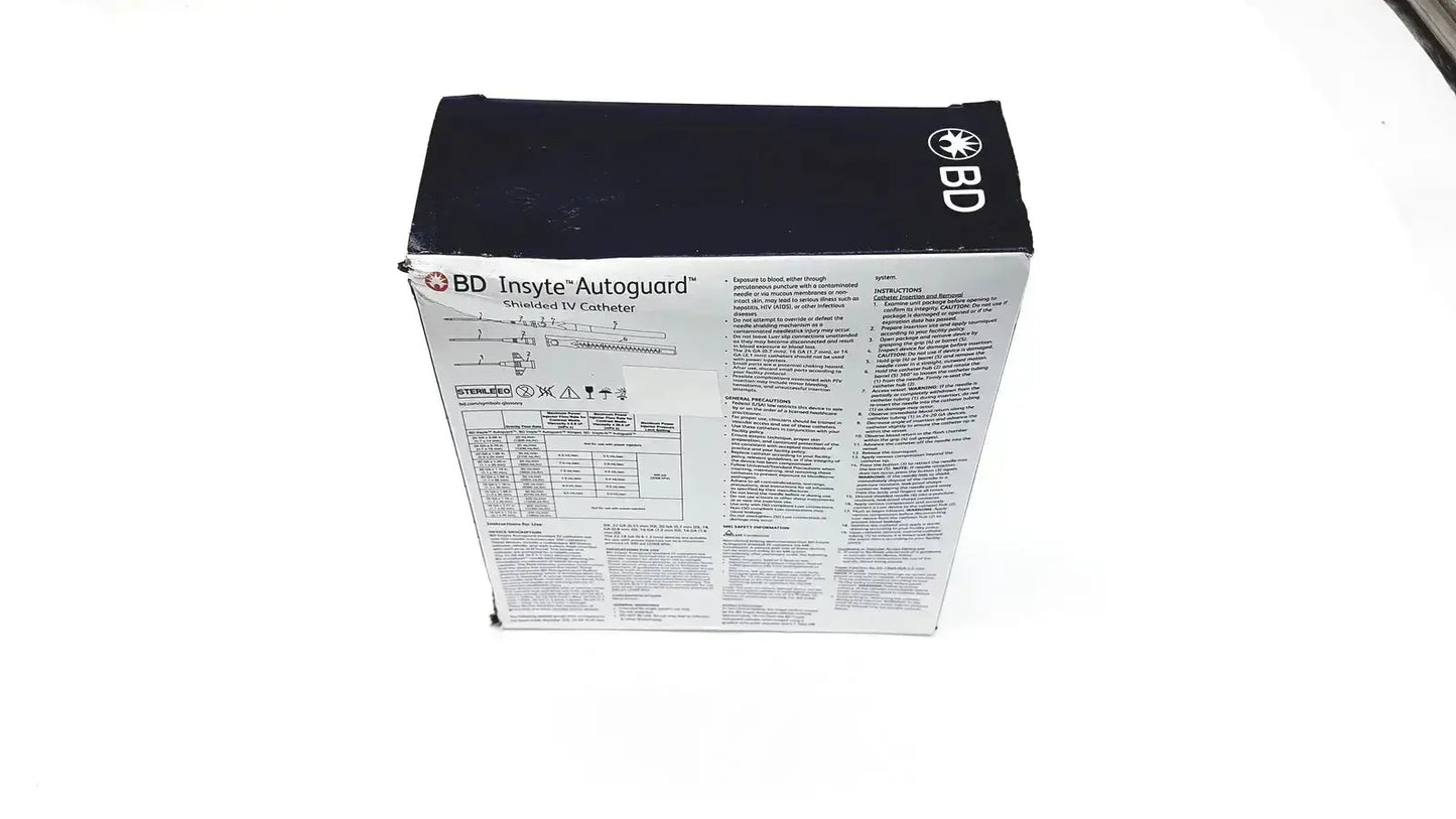 Black and white cardboard box of bd insyte autoguard guided iv catheter 20 g x 1.16 in for buy used medical equipment