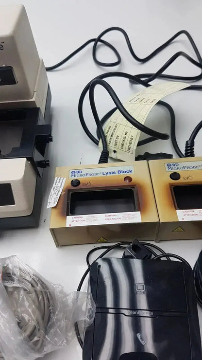 Bd microprobe processor with two beige and black lysis block units featuring labels and cables for used medical equipment sale