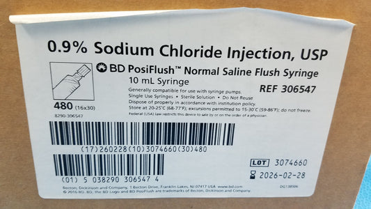BD PosiFlush 0.9% Sodium Chloride Injection 10mL Syringe - REF 306547