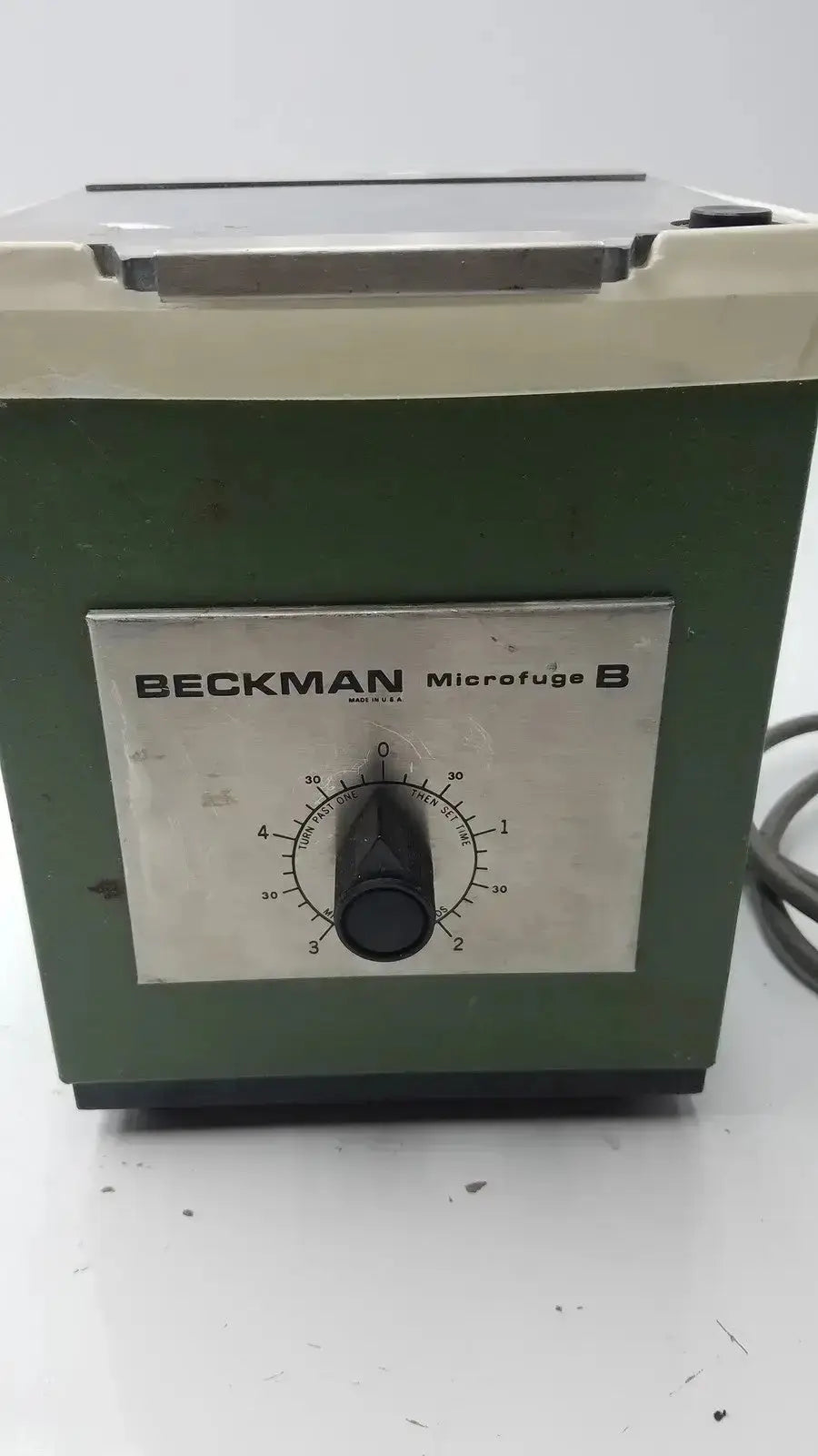 Beckman microfuge b microcentrifuge with green body cream lid and silver panel with black dial used medical equipment for sale