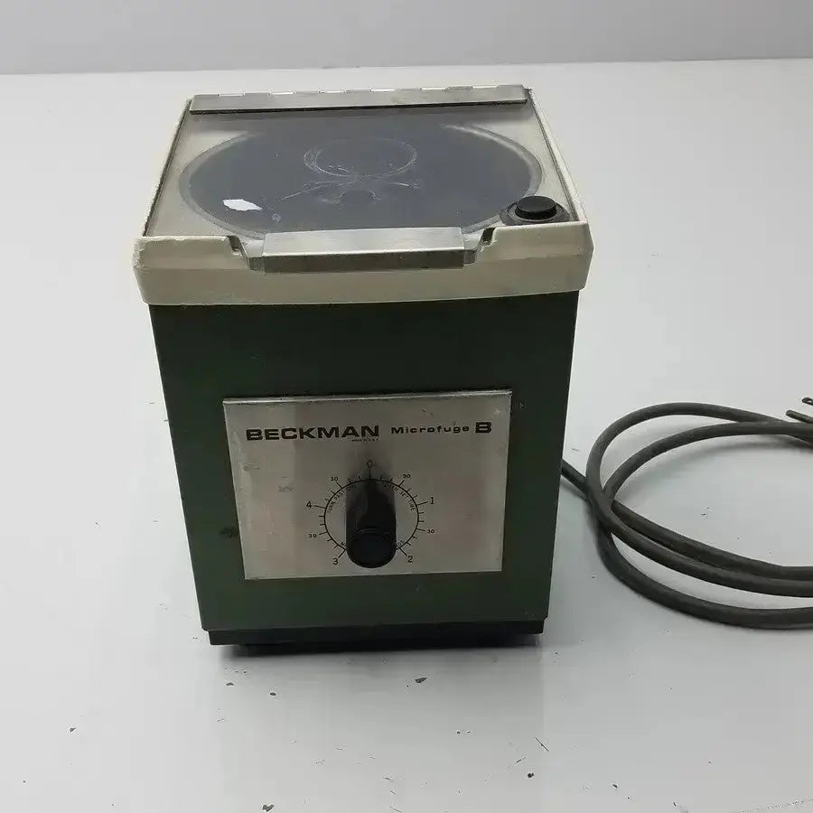 Beckman microfuge b microcentrifuge with dark green body silver control panel and glass rotor chamber used medical equipment for sale