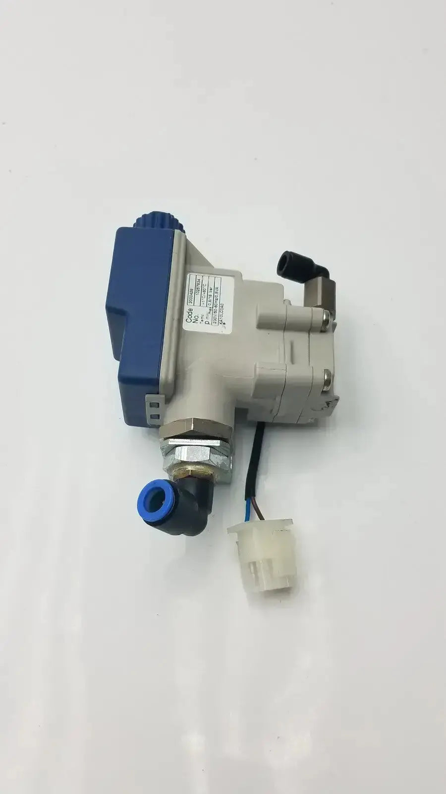 Gray and blue industrial condensate controller ka10lc0a0 with black electrical connector metallic fittings and side label
