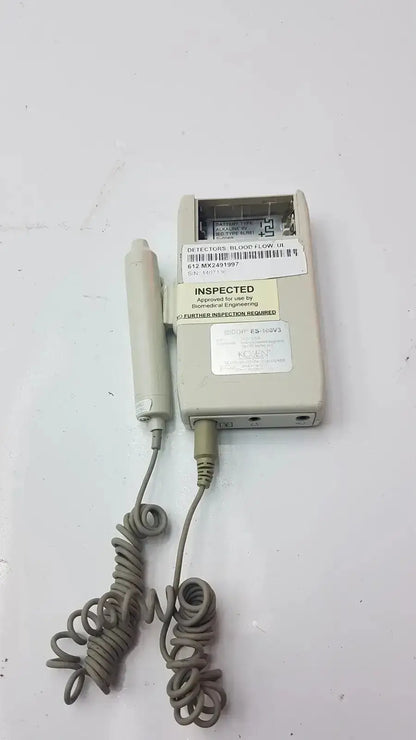 Beige bidop hadeco es-100v3 bi-directional vascular doppler handheld unit with coiled gray cables and inspection labels