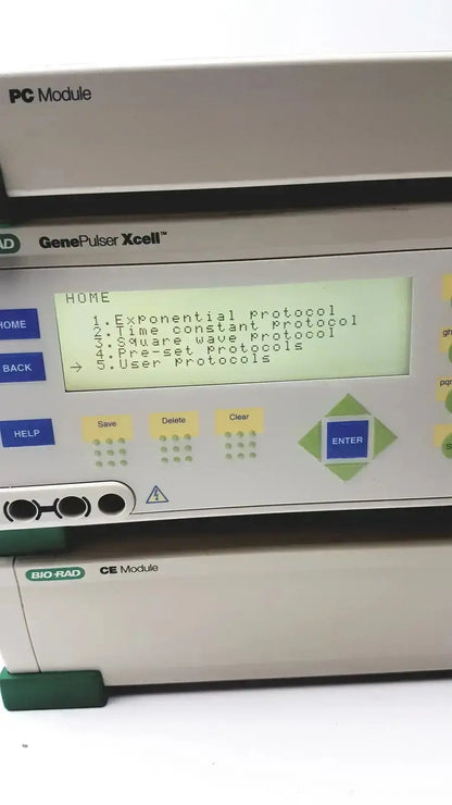 White Bio-Rad GenePulser Xcell electroporation system with digital display showing protocol options and labeled control buttons
