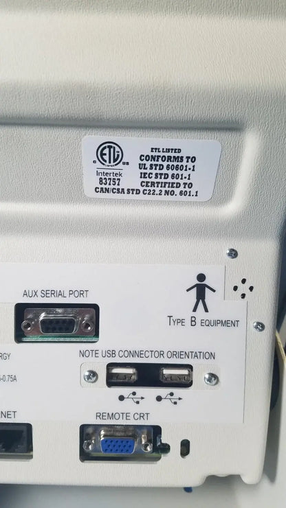 White plastic industrial monitor back panel with labeled ports on biodex 086-330 atomlab 500 dose calibrator for reuse medical equipment
