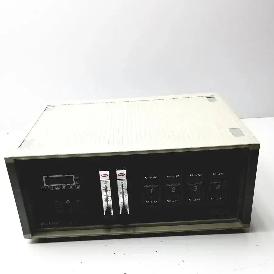Beige and black biospherix oxycycler a84xov medical gas flow controller with dual gauges and labeled chambers 1-4 g-ab5-15d