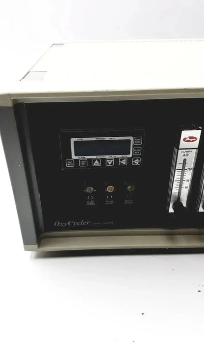 Black and silver biospherix oxycycler a84xov dynamic oxygen controller with digital display control buttons and flow meter