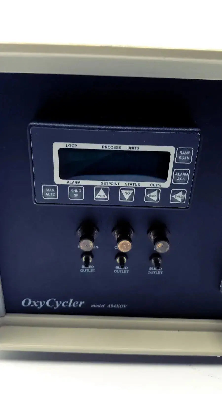 Dark blue biospherix oxycycler a84xov industrial control panel with digital display and labeled buttons for oxygen control