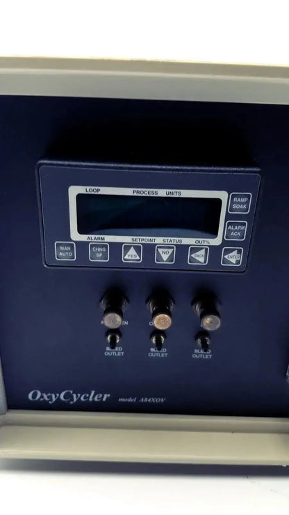 Dark blue biospherix oxycycler a84xov industrial control panel with digital display and labeled buttons for oxygen control