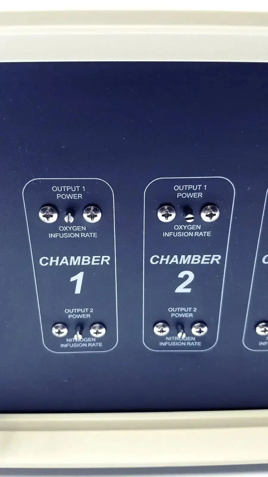 Blue control panel of biospherix oxycycler a84xov with two chambers featuring oxygen and nitrogen infusion controls g-ab5-15d