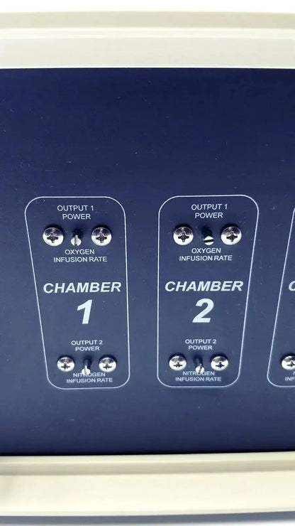 Blue control panel of biospherix oxycycler a84xov with two chambers featuring oxygen and nitrogen infusion controls g-ab5-15d