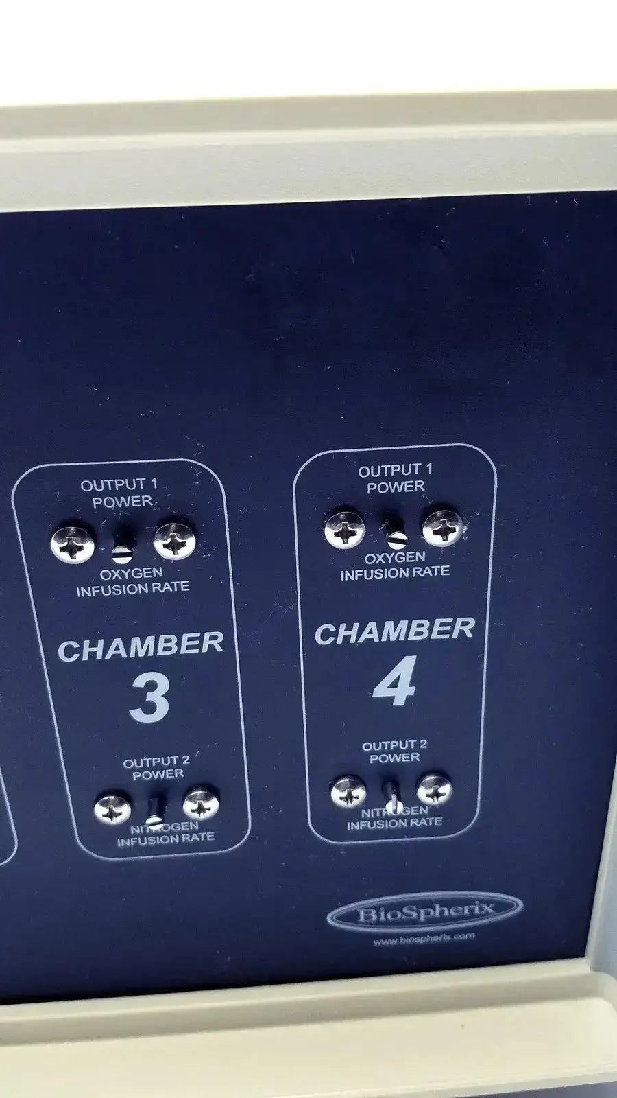 Dark blue biospherix oxycycler a84xov dynamic control panel with chamber controls for oxygen and nitrogen infusion rates