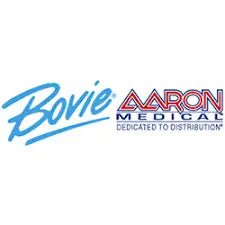 Blue cursive ’bovie’ logo next to red and blue ’aaron medical’ logo with the tagline ’dedicated to distribution.’