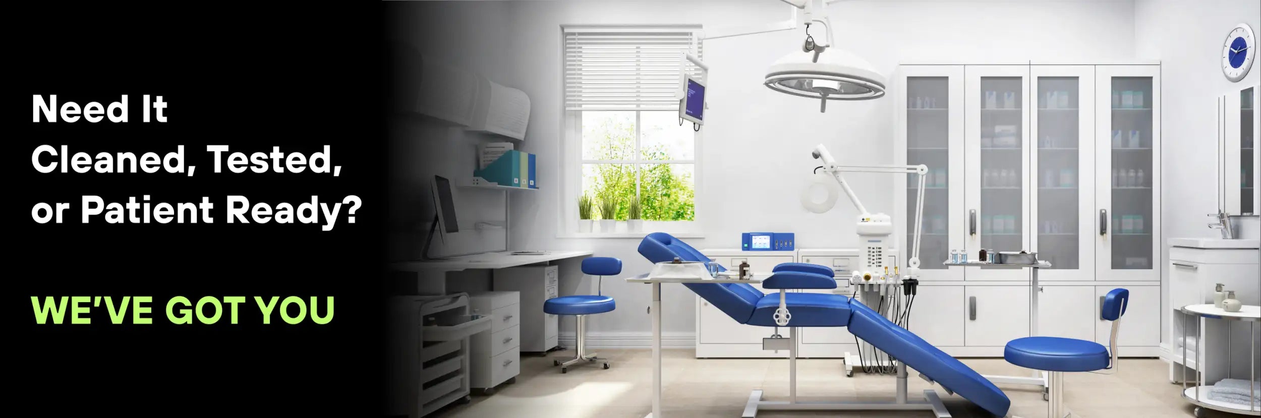 Blue dental examination chair with adjustable recline and chrome metal frame
