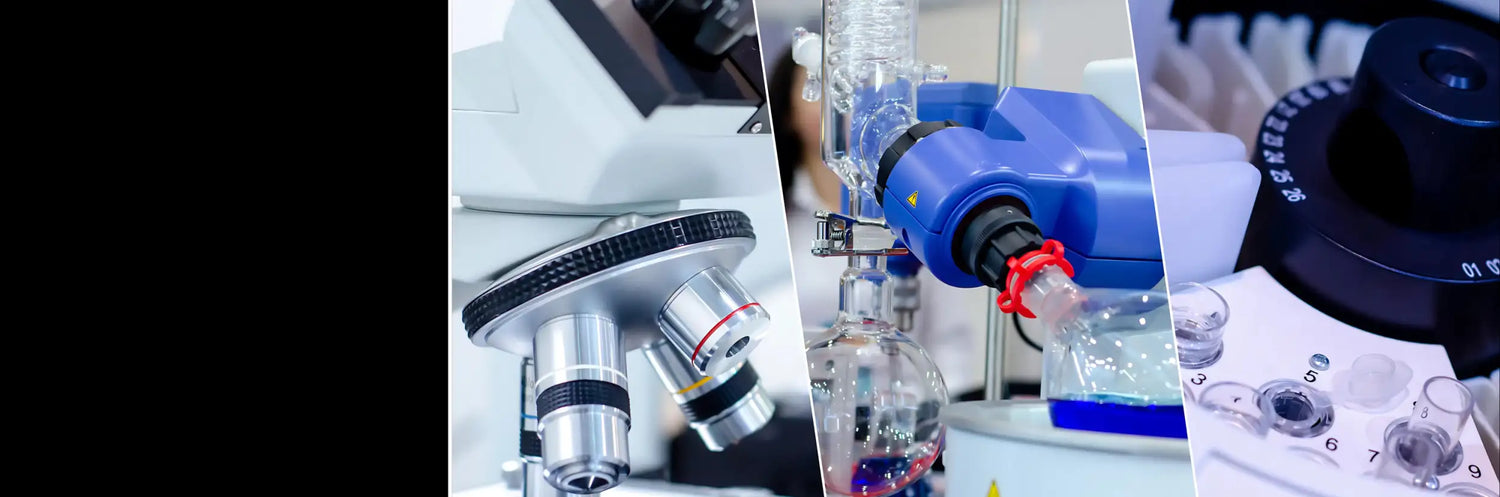Blue laboratory glassware with red stopcock and clear liquid inside