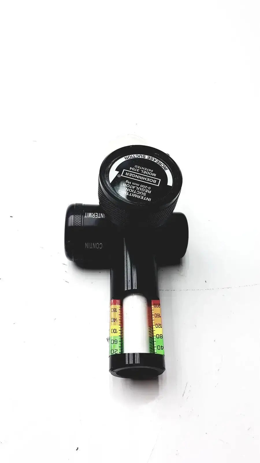 Black metal boehringer 3704 platinum series suction regulator with color-coded pressure gauge and engraved labeling