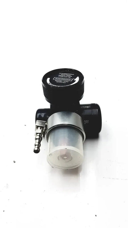 Black and silver Boehringer 3704 platinum series suction regulator with clear cylindrical filter housing for medical use