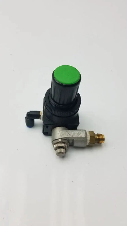 Black and silver bosch pressure reducer throttle valve with bright green top knob for precise air pressure control