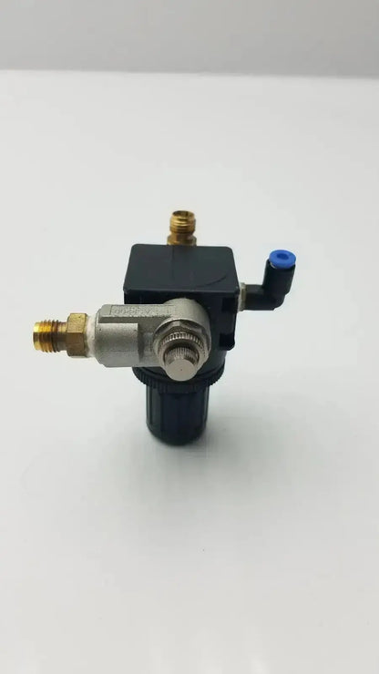 Black and silver bosch pressure reducer throttle valve with brass fittings and blue cap for air pressure control