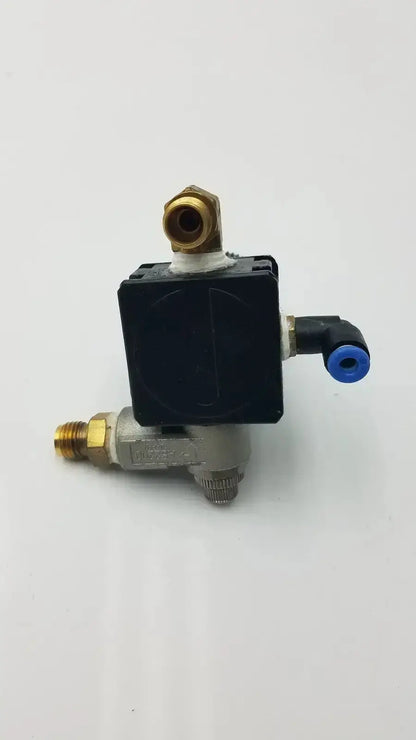 Black plastic housing bosch pressure reducer throttle valve with brass fittings and a blue cap for precise pressure control