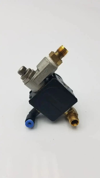 Silver and black Bosch pressure reducer throttle valve with brass fittings blue connector and square-shaped housing