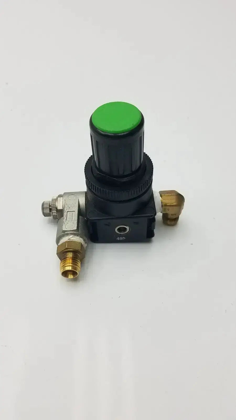 Black bosch pressure reducer throttle valve with bright green top knob and brass fittings for air pressure control