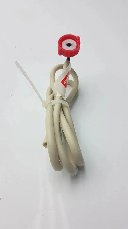 Beige coiled Bosch water filter head hose with red circular cap and white label for water filter installation