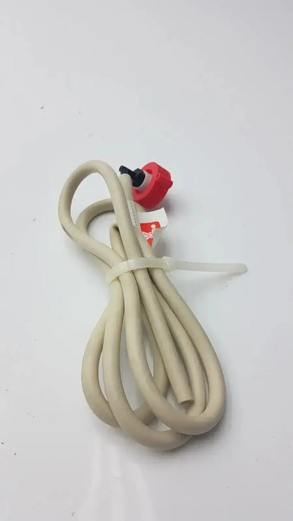 Beige coiled hose with red plastic connector and tag for bosch water filter head replacement use