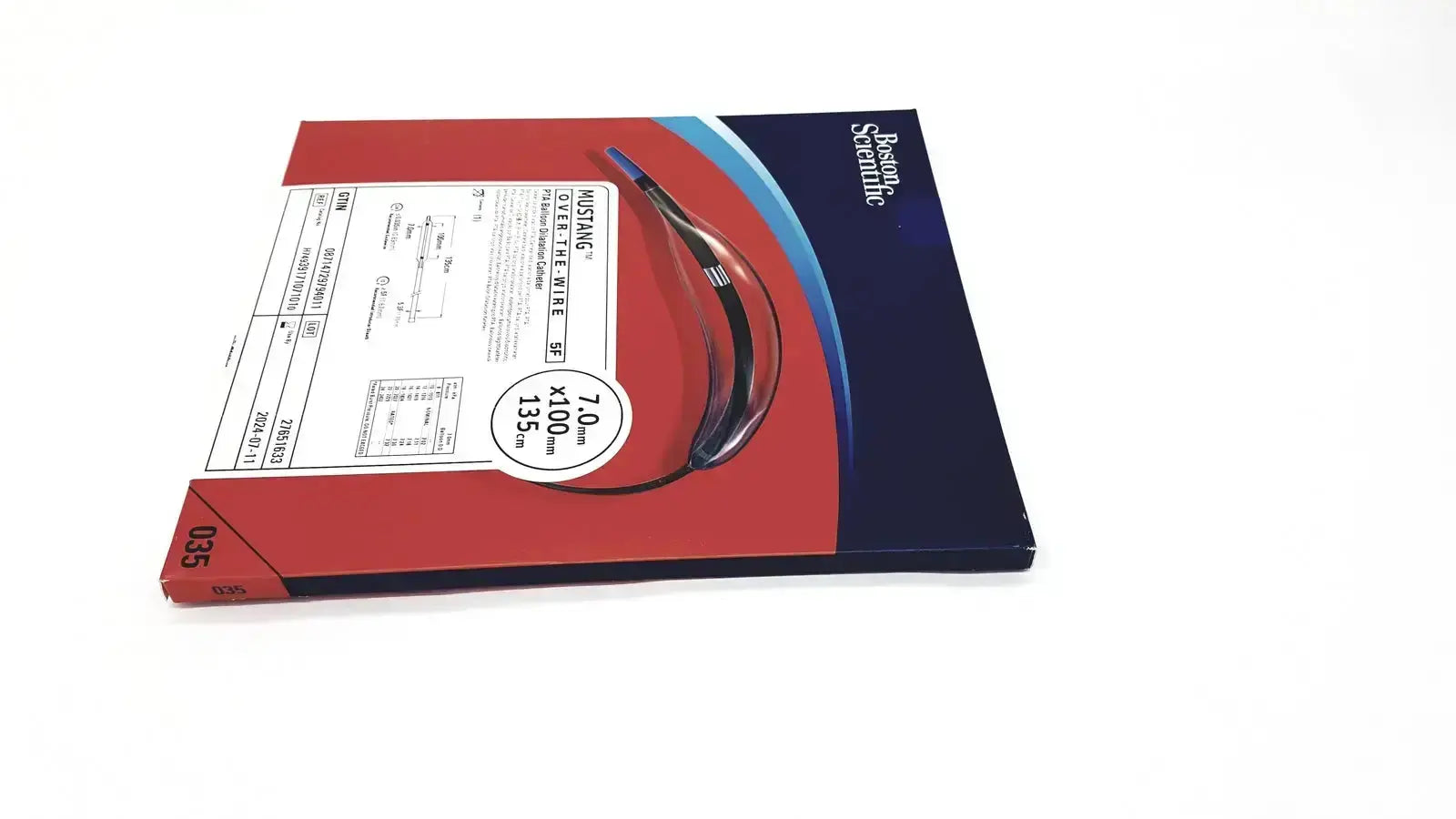 Red and navy blue cardboard packaging for boston scientific mustang otw balloon over the wire 7f hearing protection device