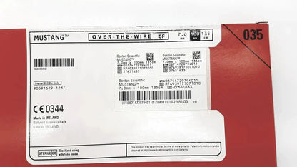 Red and white cardboard box for boston scientific mustang otw balloon 7f 12mm x 60mm 135cm medical device