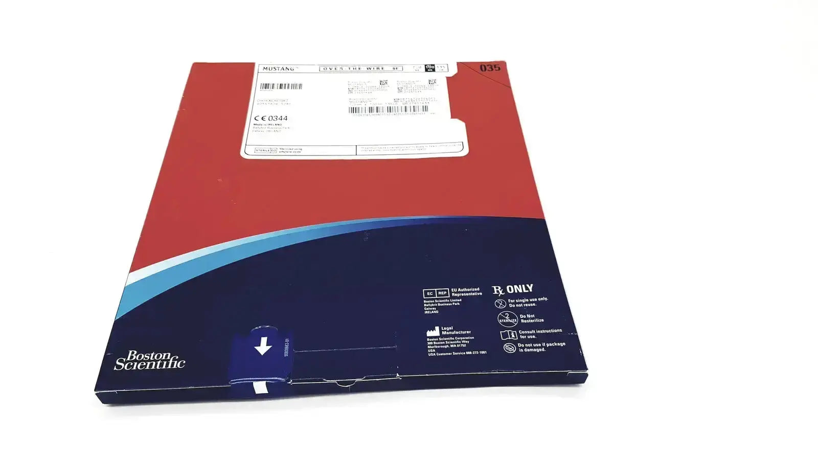 Red and navy blue cardboard box with white label for boston scientific mustang otw balloon 7f 12.0mm x 60mm 135cm