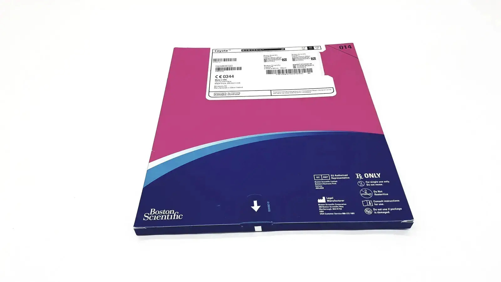 Pink and blue rectangular box with white label containing boston scientific pta balloon dilatation catheter ref h7493918520061