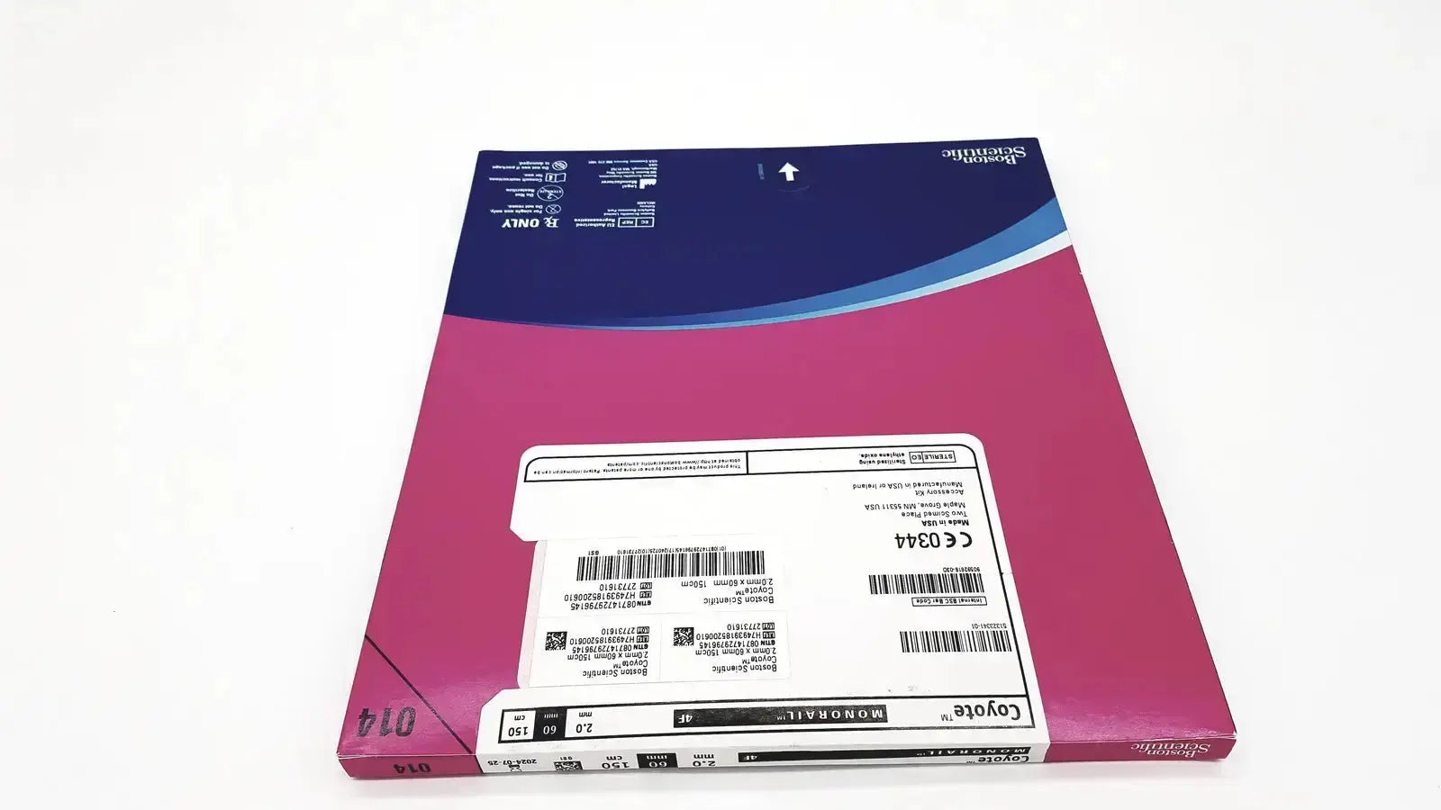 Pink and blue cardboard packaging for boston scientific pta balloon dilatation catheter coyote brand monorail product
