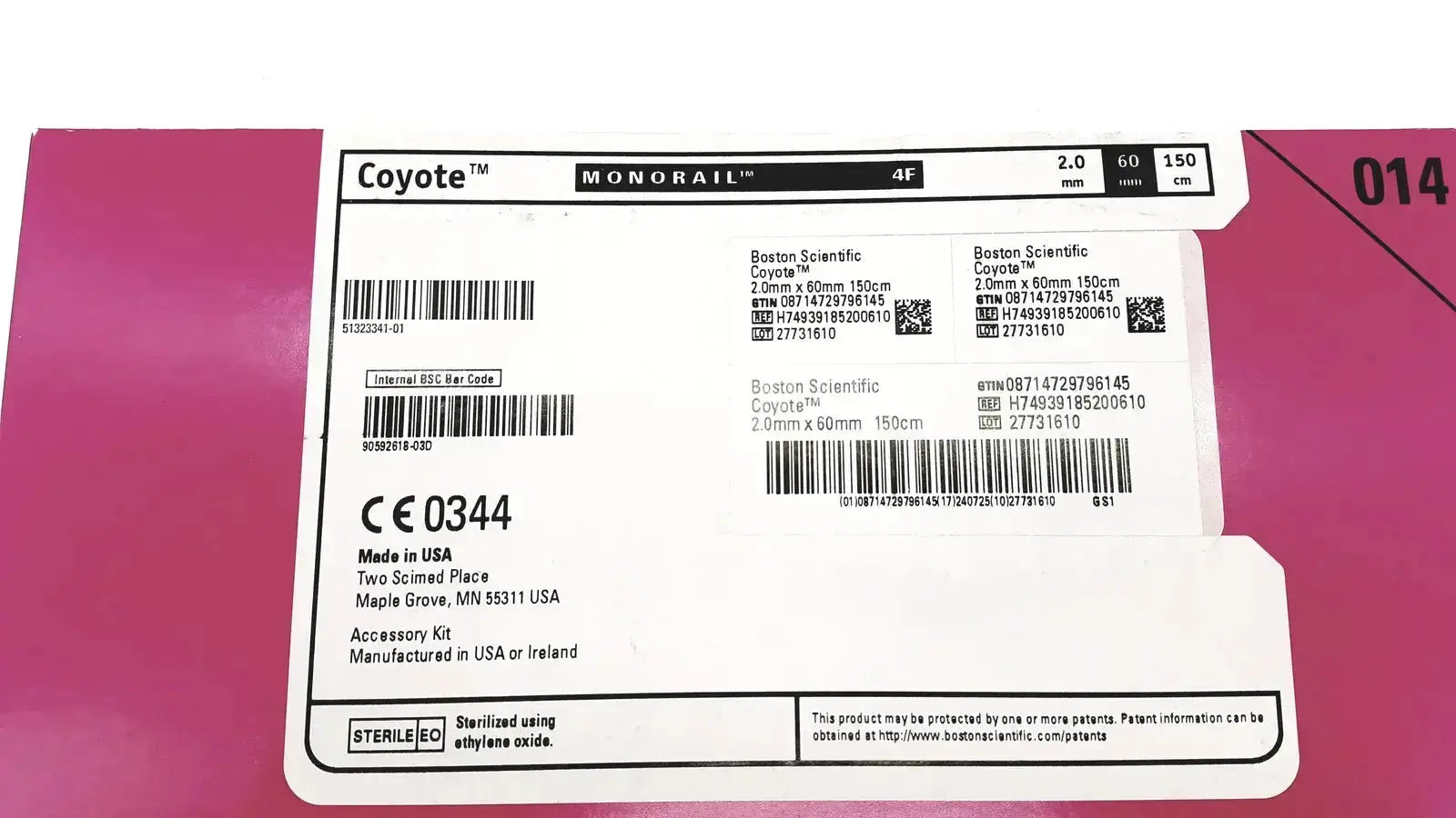 Boston Scientific pta Coyote monorail 4f surgical instrument accessory kit in pink packaging with white labeling